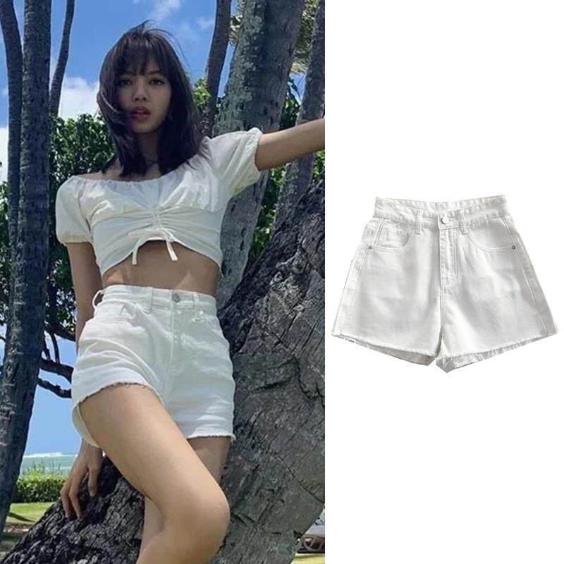 Lisa同款脚口毛边裤夏季新款韩版显瘦高腰复古做旧阔腿牛仔短裤女