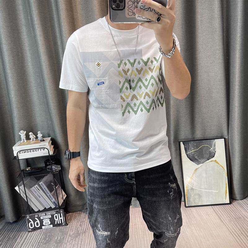 潮牌青年帅气上衣修身半袖短袖t恤个性棉t夏季男装卡通印花体恤衫