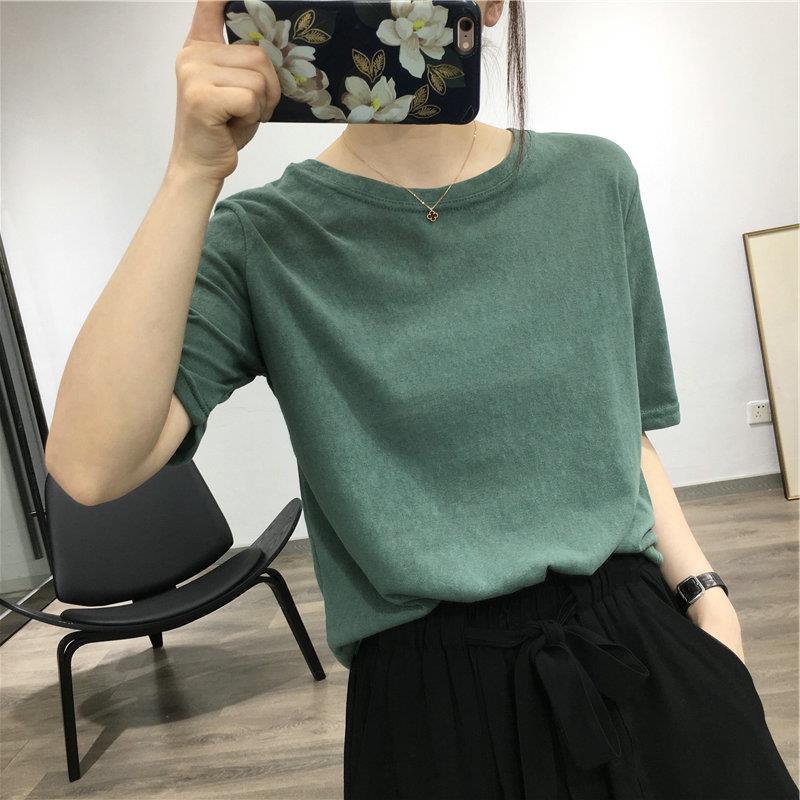 日系亚麻T恤女短袖夏季薄款韩版宽松显瘦纯色打底衫圆领体恤上衣