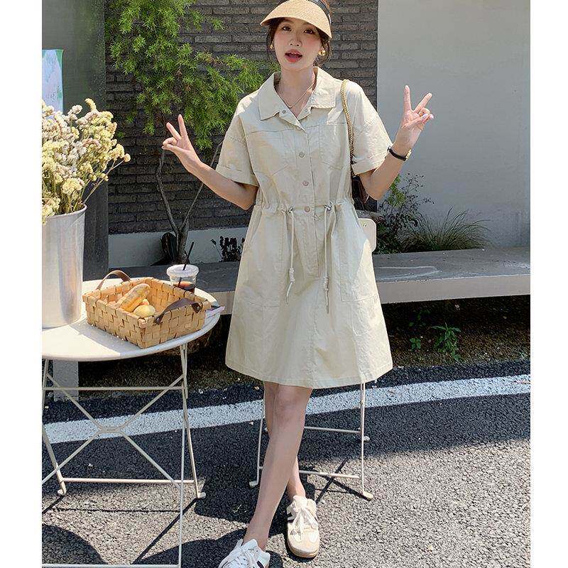 日系短袖连衣裙女夏季薄款小众设计感工装裙休闲气质收腰a字短裙