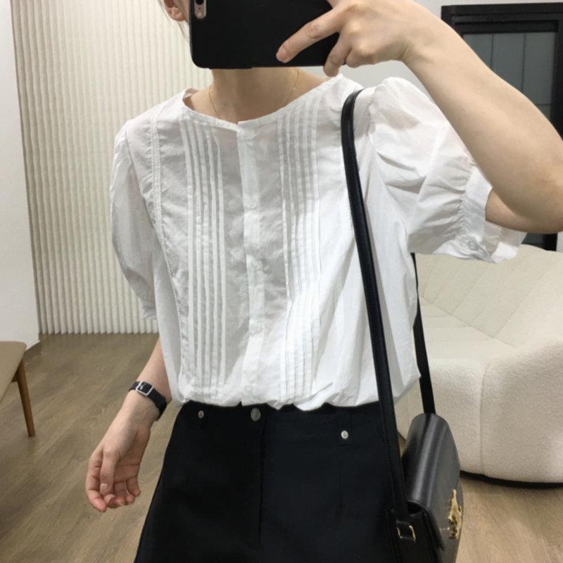 日系灯笼袖衬衫女夏季薄款通勤棉质衬衣宽松显瘦五分袖单排扣上衣