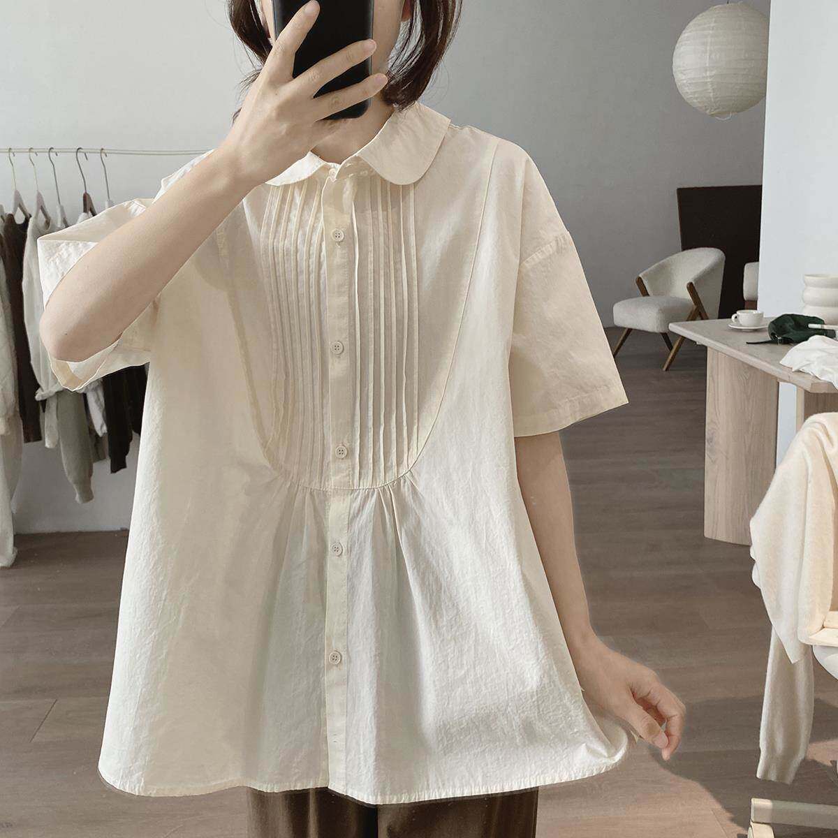 日系短袖衬衫女夏季宽松显瘦高腰简约小众设计感褶皱娃娃领上衣潮