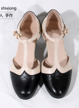 真皮羊皮法式拼色丁字女复古英伦中跟旗袍皮鞋swing摇摆舞鞋国风