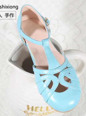 新品蒂芙尼蓝色牛皮平底编织款春秋丁字鞋复古镂空拼接摇摆舞女鞋