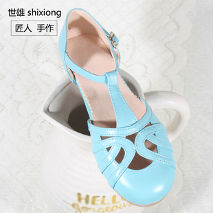 新品 春秋丁字鞋 复古镂空拼接摇摆舞女鞋 蒂芙尼蓝色牛皮平底编织款