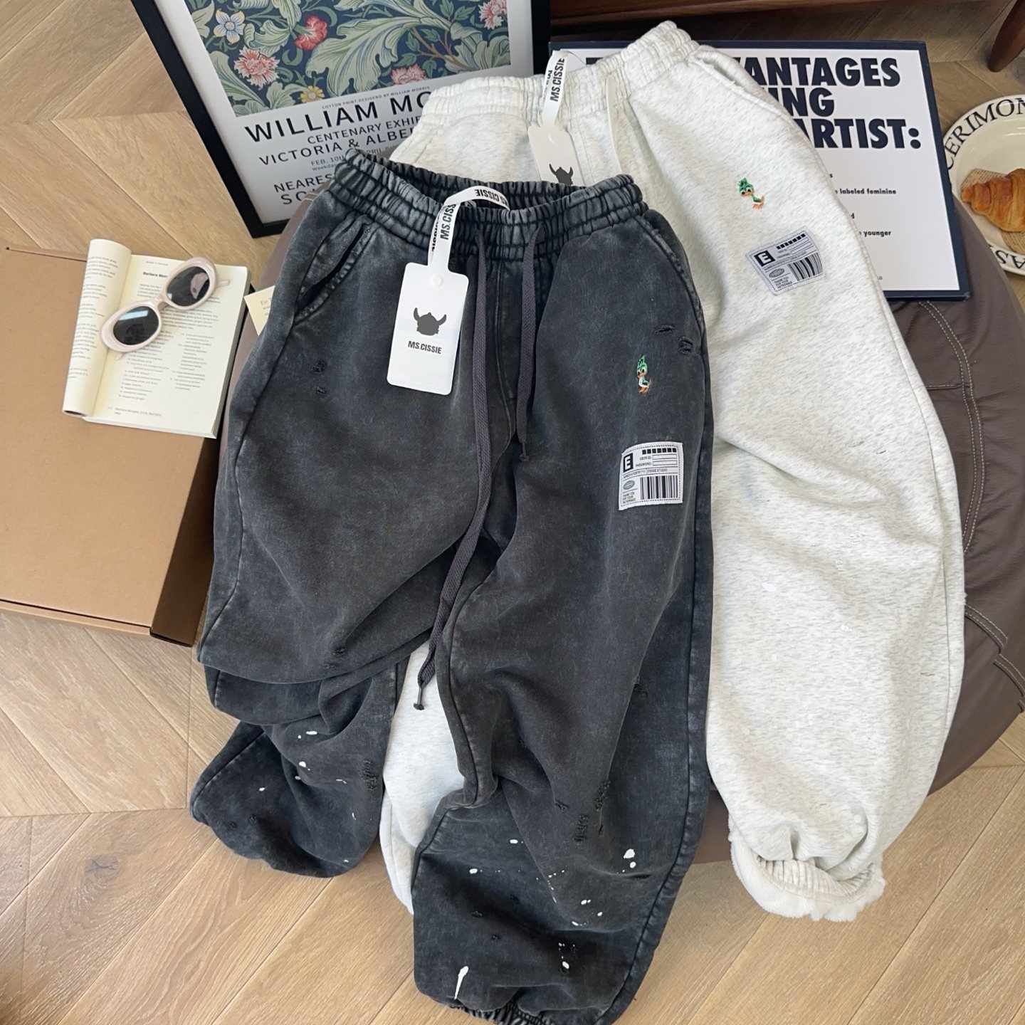 Aimeewq纸袋家炒雪花做旧磨破工艺束脚休闲长裤420克加绒显瘦卫裤,女装/女士精品,卫裤,淘宝优惠券,粉丝福利购,淘宝优惠卷