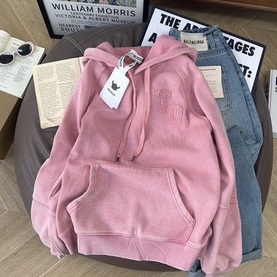 纸袋家连帽砂洗加绒卫衣女秋冬