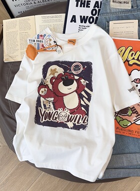 yongwill小羊纸袋家200g纯棉无感小熊印花宽松短袖T恤女夏韩3856