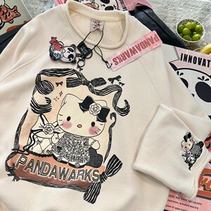 秋冬Pandawarks熊猫纸袋家380g大毛圈卷边暗黑kt印花卫衣女24418
