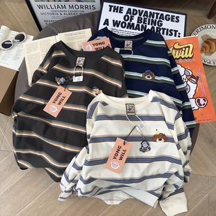 T恤女打底 条纹Yongwill小羊纸袋260g双纱棉长袖 秋冬有复古 美式