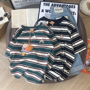 软萌垂耳狗刺绣条纹T恤yongwill小羊纸袋家240g纯棉圆领短袖 女夏
