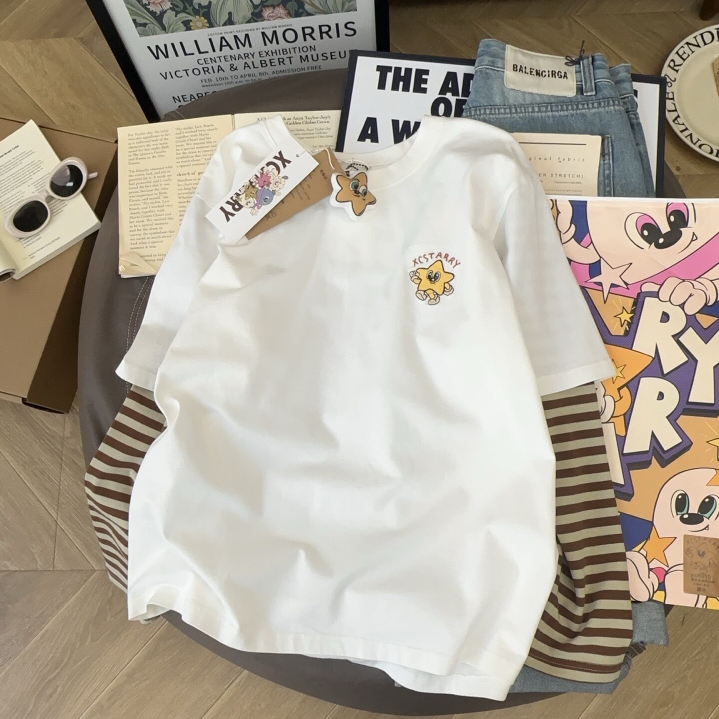 重磅推荐！XC Starry星星纸袋家280g双纱纯棉假两件撞色长袖T恤女