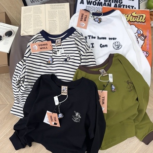 秋冬刚需！yongwill小羊纸袋家刺绣305g双纱纯棉长袖打底T恤女韩