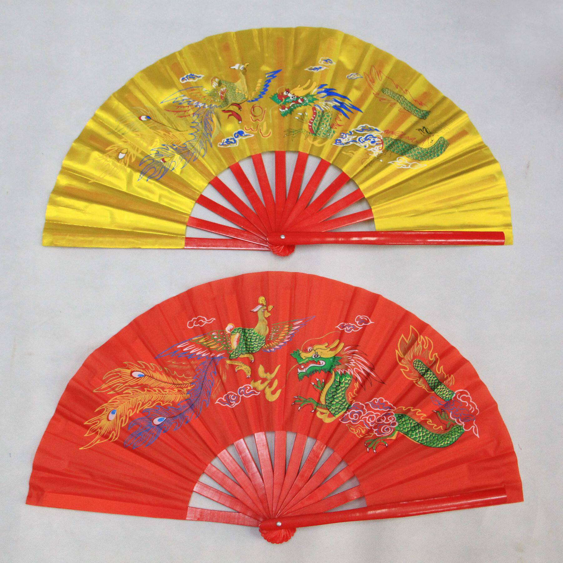 太极扇武术扇练功扇功夫扇龙凤图案竹骨一尺送扇袋舞蹈扇金红黑等