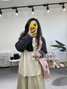 撞色圆领宽松中长款长袖T恤打底衫两色大牛家大码女装胖MM