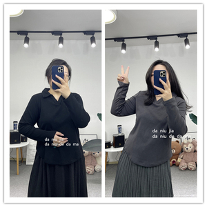 大码立体翻领V领显瘦百搭打底衫两色长袖T恤大牛家大码女装胖MM