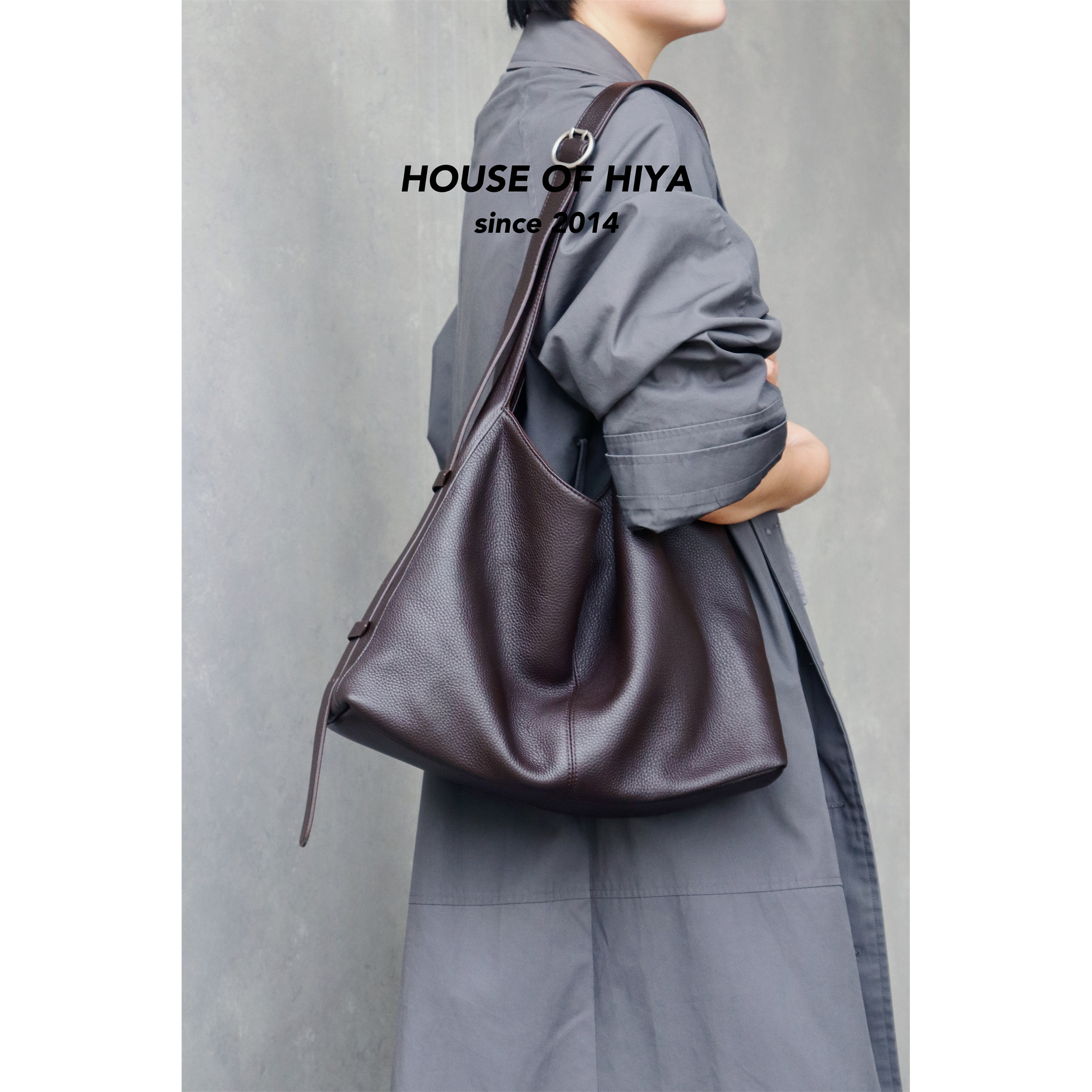HOUSE OF HIYA 新款小众可调节肩带单肩托特包头层牛皮包