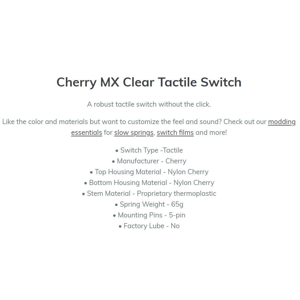 CHERRY MX CLEAR TACTILE SWITCH CHERRY WHITE TRANSPARENT PIVOT 65G PARAGRAPH SWITCH