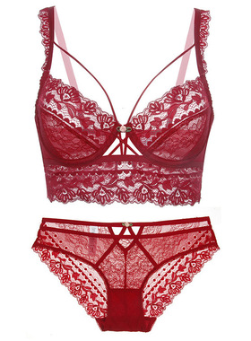 性感蕾丝超薄款有钢圈文胸套装大胸显小D杯大码本命年内衣女红色