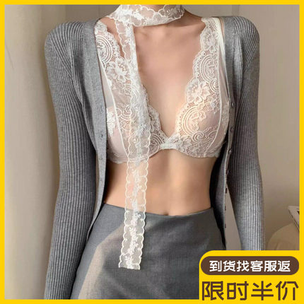 性感V领纯欲蕾丝薄款防下垂法式文胸罩大胸显小大码本命年内衣女