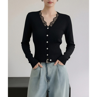 26早春气质显瘦V领蕾丝拼接设计小众别致开衫 内搭打底上衣 针织衫