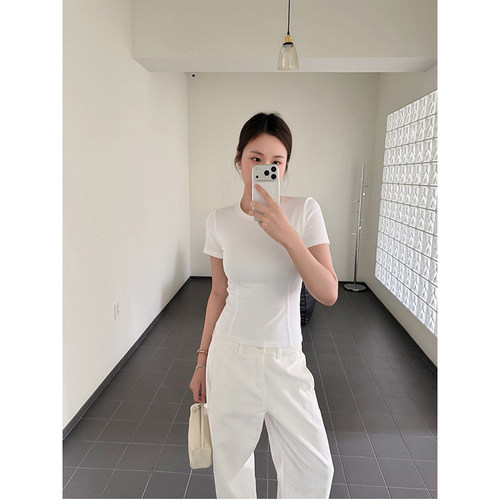 鱼骨设计感正肩短袖T恤女夏纯色修身显瘦气质通勤百搭上衣女