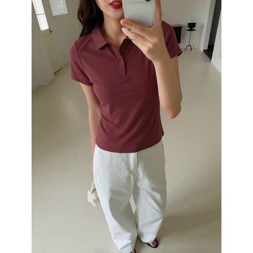 酒红色翻领纽扣POLO衫短袖T恤女夏修身显瘦气质百搭休闲上衣