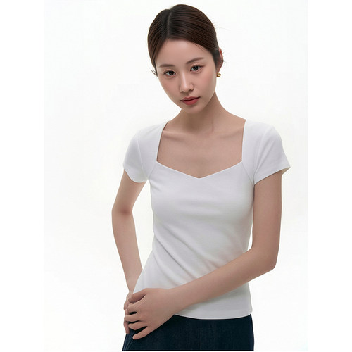 法式露锁骨高级感聚美方领锁骨短袖T恤女夏修身显瘦气质上衣
