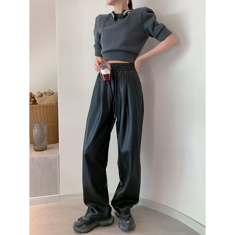 春秋黑色pu皮宽松直筒皮裤女垂感松紧长裤显瘦哑光街舞阔腿休闲裤