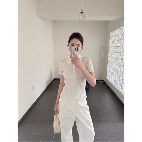 2026夏新款设计感polo领短袖针织T恤女白色翻领气质显瘦百搭上衣