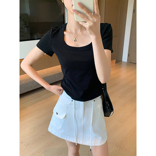 打底衫 夏季 正肩短袖 露锁骨简约t恤时尚 体恤上衣女 U领黑色高弹修身