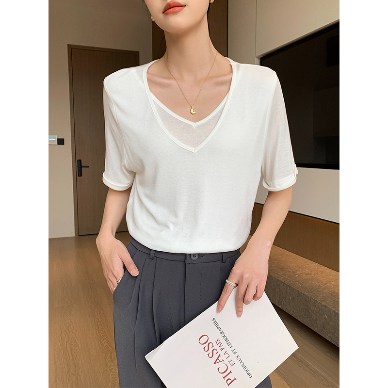 白色双层V领宽松休闲设计感T恤假两件套气质时尚短袖体恤上衣