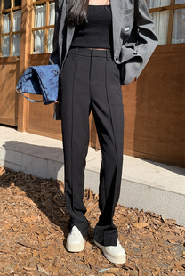 秋冬气质开叉显瘦拖地中缝窄版黑色休闲直筒裤垂感加厚保暖西装裤