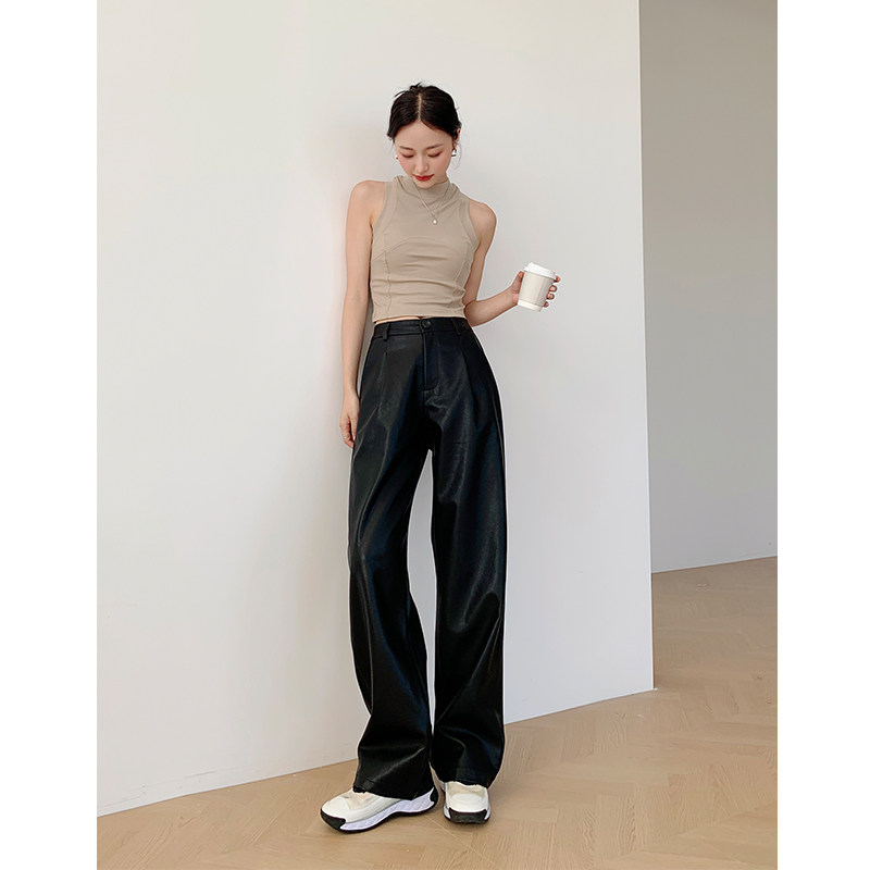 春秋黑色pu皮宽松直筒皮裤女长裤显瘦辣妹街舞高腰阔腿拖地休闲裤