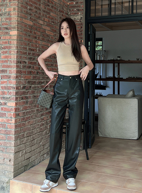 黑色pu皮宽松直筒皮裤女秋冬垂感窄版长裤显瘦软软高腰阔腿休闲裤
