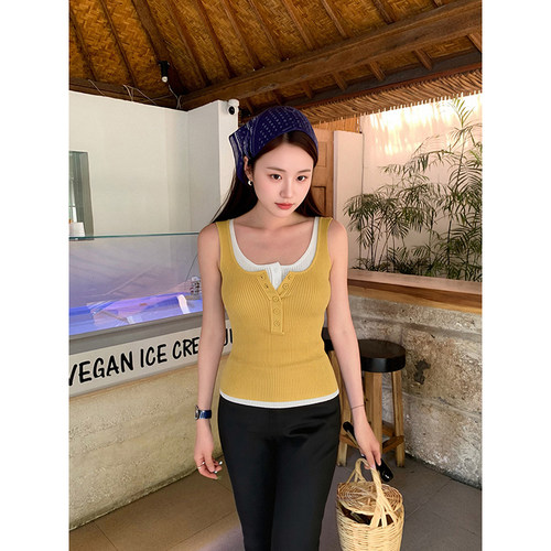 拼接假两件设计感吊带背心女夏修身显瘦气质优雅纽扣高级感上衣