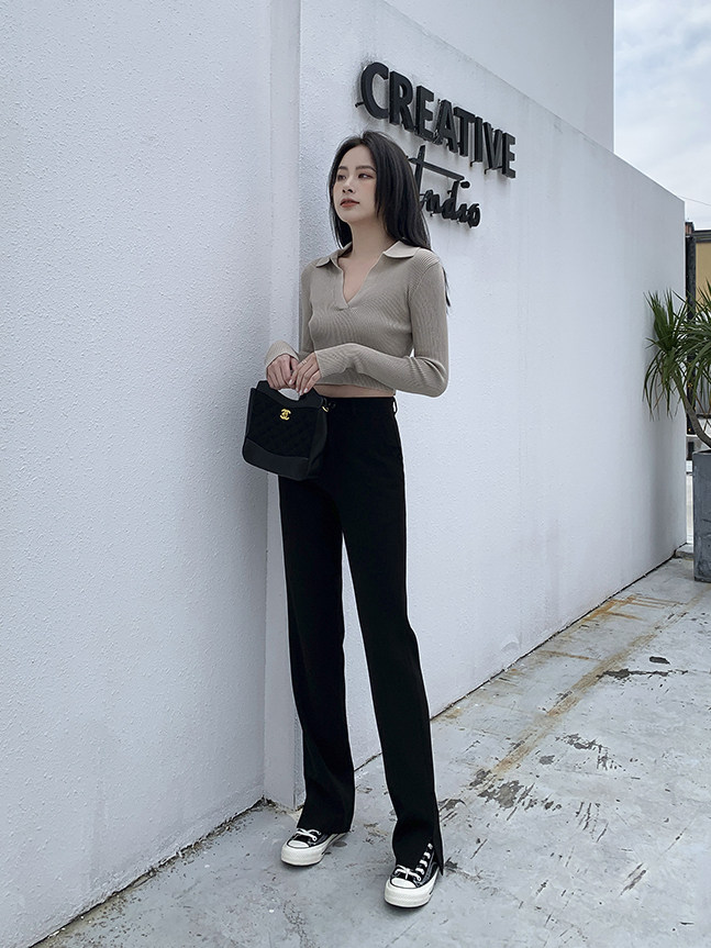 春秋开叉设计修身显瘦大长腿通勤黑色休闲直筒裤窄版西装长裤女,女装/女士精品,休闲裤,淘宝优惠券,粉丝福利购,淘宝优惠卷