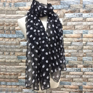 新款黑白圆点乔其纱丝巾1米8柔软垂性好气质波点纱巾文艺点点围巾