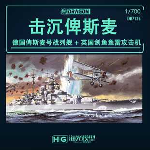 威龙1/700击沉俾斯麦号俾斯麦号战列舰+英国剑鱼鱼雷攻击机 7125