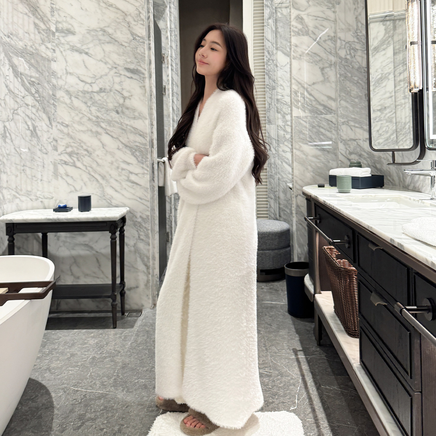 管阿姨F006软糯针织开衫毛衣慵懒风长款睡衣秋冬外套仿貂绒居家服