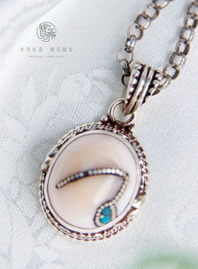 藏式补丁绿松吊坠尼泊尔925纯银纯手工掐丝民族复古风白色系