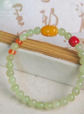 和田玉手串天然晴水料搭配南红隔珠朱砂直切蜜蜡尺寸6mm 国风轻奢