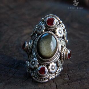 有禾 | 尼泊尔925纯手工银首饰品天然金曜石大戒指藏式复古风格