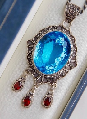 尼泊尔手工民族风瑞士兰蓝蓝托帕宫廷风吊坠vintage风超闪保真