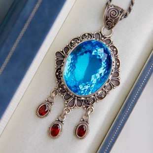 尼泊尔手工民族风瑞士兰蓝蓝托帕宫廷风吊坠vintage风超闪保真