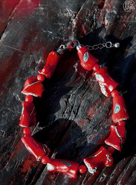 尼泊尔补丁藏式设计复古个性民族风随形纯银绿松红色手链