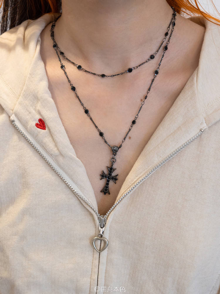 匡舟本色  韩国小众设计款 复古暗黑朋克宗教十字架镶钻 双层项链