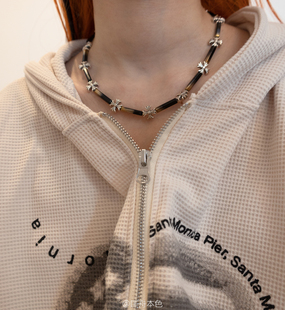 匡舟本色 复古朋克暗黑 童军花十字架 水晶项链 皮绳拼接项链