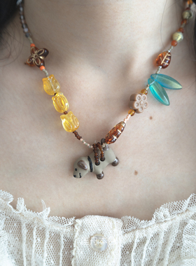 匡舟本色 韩国ins小众设计 趣味陶瓷小狗手作款 花朵拼接串珠项链