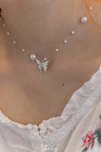 匡舟本色 韩国高级 森系仙女款 猫眼石珍珠透明鱼线蝴蝶锁骨项链
